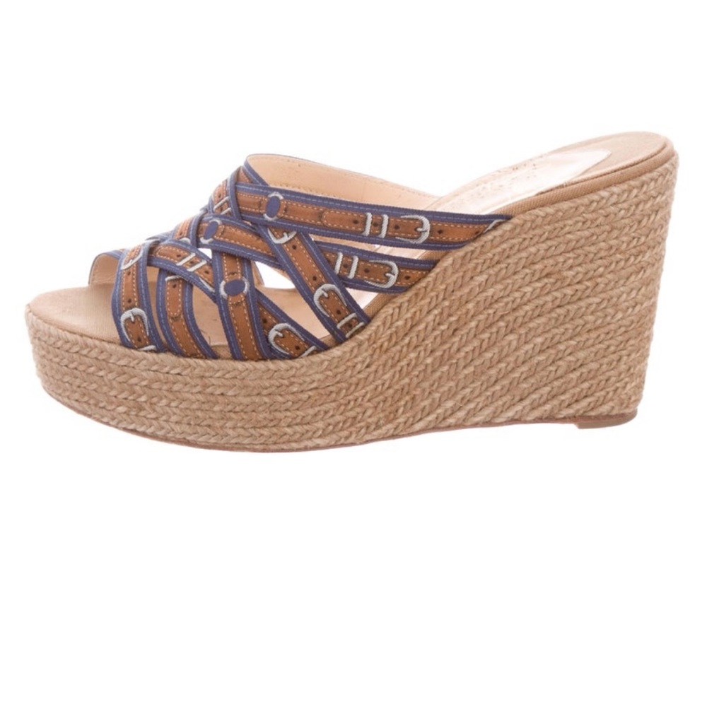 Christian Louboutin Navy and Tan Woven Espadrille Wedge Slides
